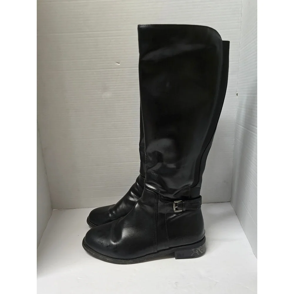 Black Knee High Riding Boots Wide Calf Elastic Gore Buckle Detail Size 9.5W